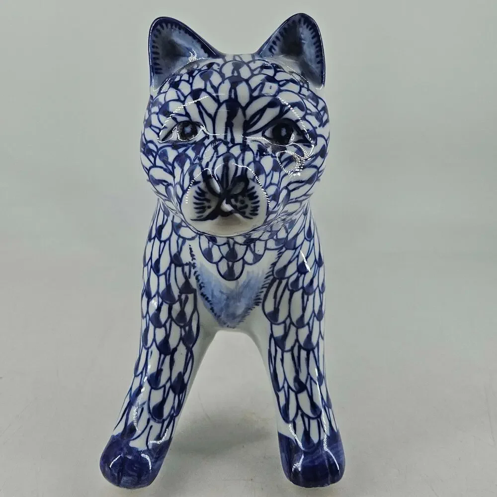 Vintage style White and Blue dog Statue Figurine Hand Painted Ceramic Decor